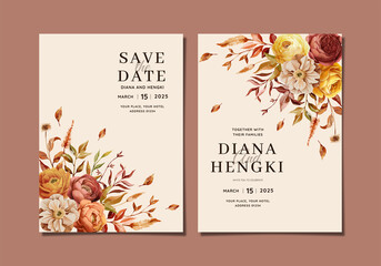 beautiful hand painted autumn floral wedding invitation template