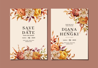 hand painted autumn floral wedding invitation template - obrazy, fototapety, plakaty