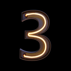 Number 3, Alphabet. Neon retro 3d number isolated on a black background with Clipping Path. 3d illustration.