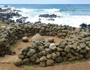 Ahu Te Pito Kura on Easter Island. Ancient place against Blue ocean, Chile, South America