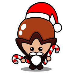 cartoon vector illustration of cute clove mascot costume character wearing santa hat and holding christmas candy