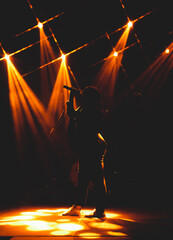 silhouette d'une chanteuse en live sur scène avec un micro et des lumières de spectacle doré