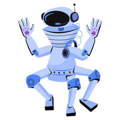 Funny  friendly toy robot waving hands,  cartoon flat vector illustration isolated on white background. Kids electronic robotic mechanic toy. Space robot cartoon character.