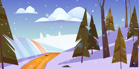 Winter landscape with snow lying on field and road going along fir-trees under cloudy sky with falling snowflakes. Cartoon nature background with conifers trees and spruces in wood vector illustration