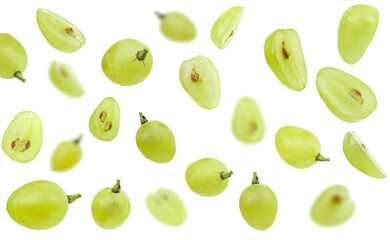 Falling green grape, isolated on white background, selective focus