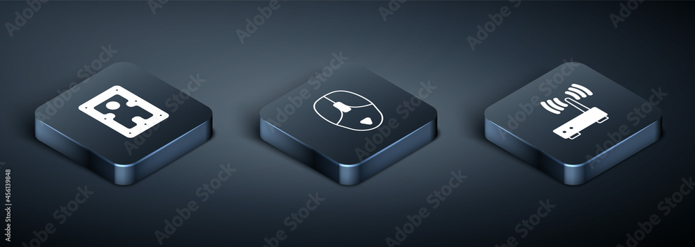 Poster set isometric hard disk drive hdd, router and wi-fi signal and computer mouse icon. vector
