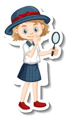 A girl holding magnifying glass cartoon character sticker