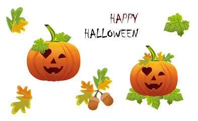 A set of pumpkins with carved eyes and mouth on a white isolated background, additionally a set of leaves and hazelnuts. Vector elements for the Halloween holiday.
