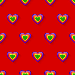 Seamless vector pattern of rainbow glossy heart and shadow on a red background, repeat pattern, the concept for LGBT pattern design.