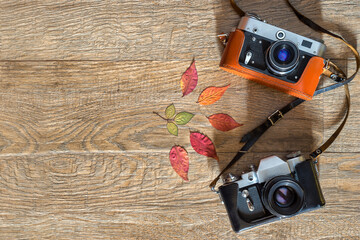 Old retro style film photo cameras in leather cases on wooden background. Autumn Composition with dry colorful leaves. Flatlay view from above with space for copy and text - Powered by Adobe