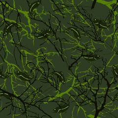 Forest pattern with fish and fishing rods. Vector.