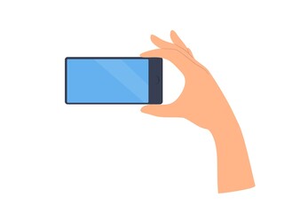 Hand holds smartphone with blank screen. Template for social networks and business. Flat illustration isolated on white background