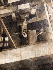 Cargo electric winch with an overhead hook. Lifting gear in a warehouse or workshop. Industry. Digital watercolor painting