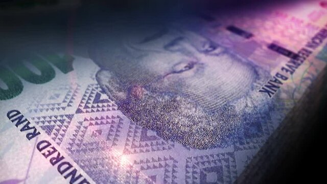 South Africa Rand money counting. Paper ZAR banknotes. Fast cash note with Nelson Mandela count macro loop. Business and economy loopable and seamless concept.