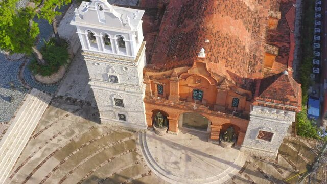 Exterior Of Iglesia de Santa Barbara In Santo Domingo, Dominican Republic - aerial drone shot
