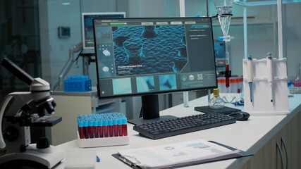 Nobody at chemistry desk in laboratory workplace with medical equipment for research innovation....