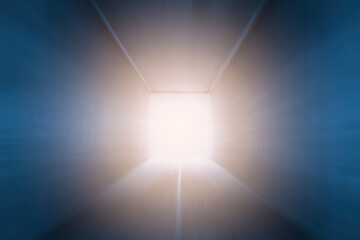 Abstract Blurred Background. Inside Empty Shipping Cargo Container with Sun Rays Light.