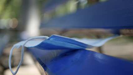 Used Medical Face Mask Abandoned on a Bench in the Park, Dangerous Garbage