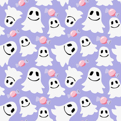 Cute girly ghost Halloween seamless pattern. Pink, white and lilac vector design for fabric or gift wrapping.