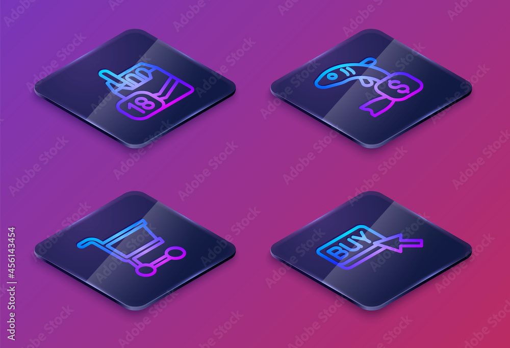 Sticker Set Isometric line Cigarettes pack box, Shopping cart, Price tag for fish and Buy button. Blue square button. Vector