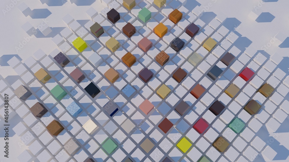 Aufkleber computer rendered 3d computer scene background with white and/or colored cubes, painted in red blue 
