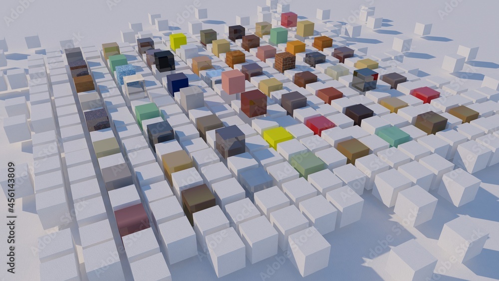 Aufkleber computer rendered 3d computer scene background with white and/or colored cubes, painted in red blue 