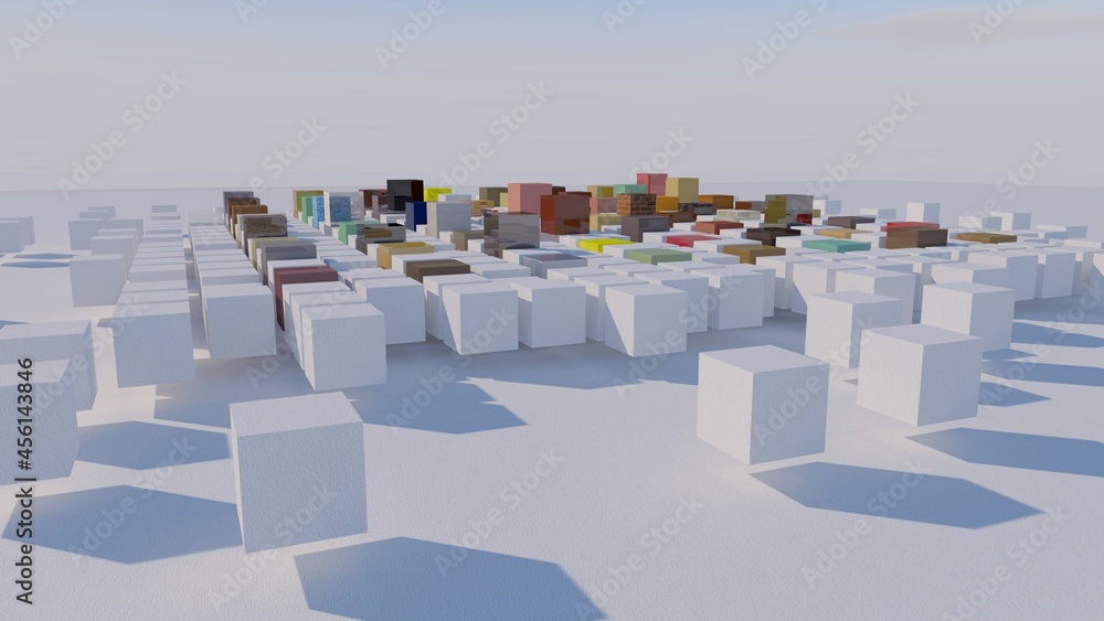 Aufkleber computer rendered 3d computer scene background with white and/or colored cubes, painted in red blue 