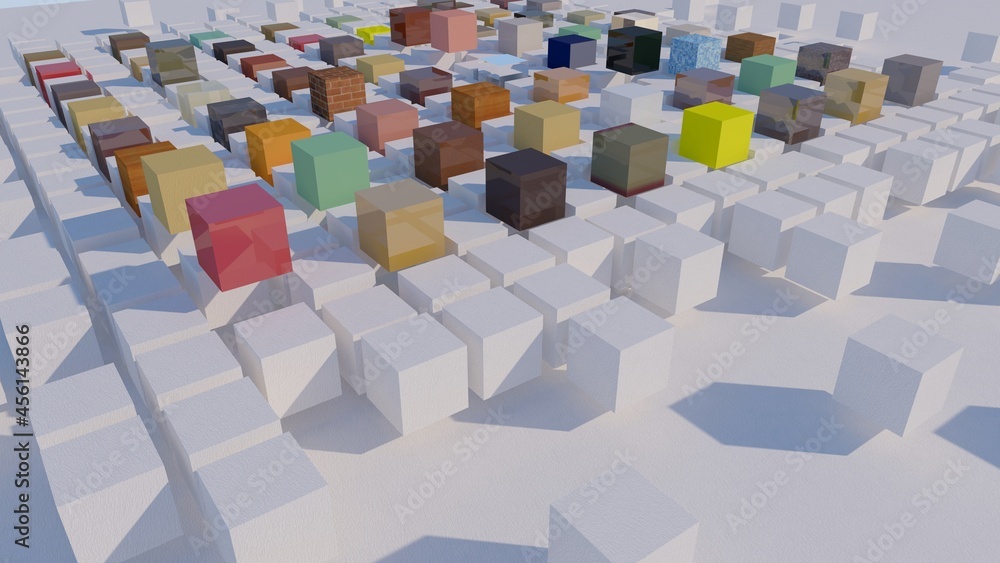 Poster computer rendered 3d computer scene background with white and/or colored cubes, painted in red blue 