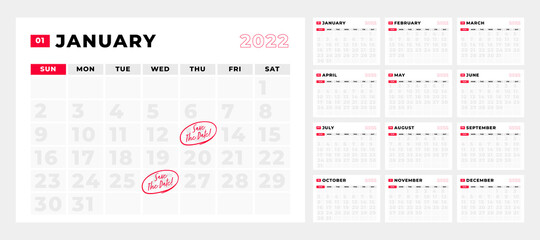 Fototapeta na wymiar Calendar 2022, 12 month in clean minimal table simple style. Calendar 2022 template. Calendar planning week.