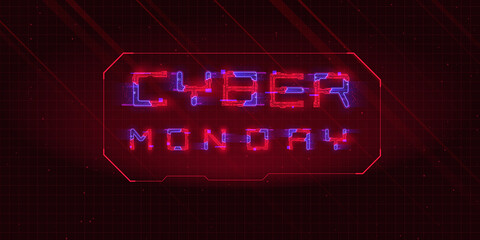 Cyber Monday banner with glitch hologram effect. Title CYBER MONDAY in cyberpunk style with distortion effect and HUD style frame, tech concept. Design for banner. Vector