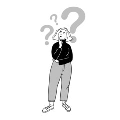 Girl and mental questioning marks, drawn in vector