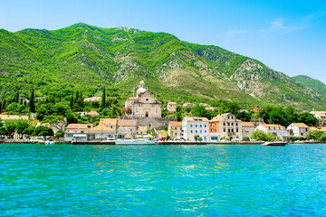 Panoramic landscape of the the historic town of Prcanj, Montenegro - obrazy, fototapety, plakaty