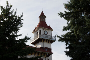Fototapeta na wymiar The tower of the Targu Ocna city hall, Bacau, Romania 