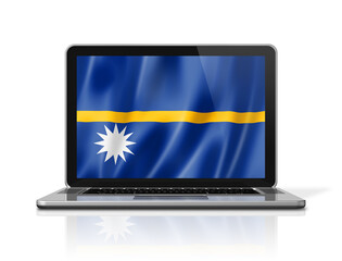 Nauru flag on laptop screen isolated on white. 3D illustration