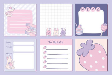 Set of memo cute pink sweets pastel illustration stationery for notes, tasks, to do list, organizer and planner