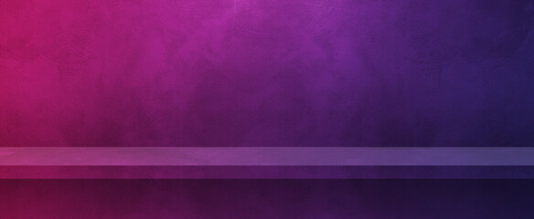 Empty shelf on a purple wall. Background template. Horizontal banner