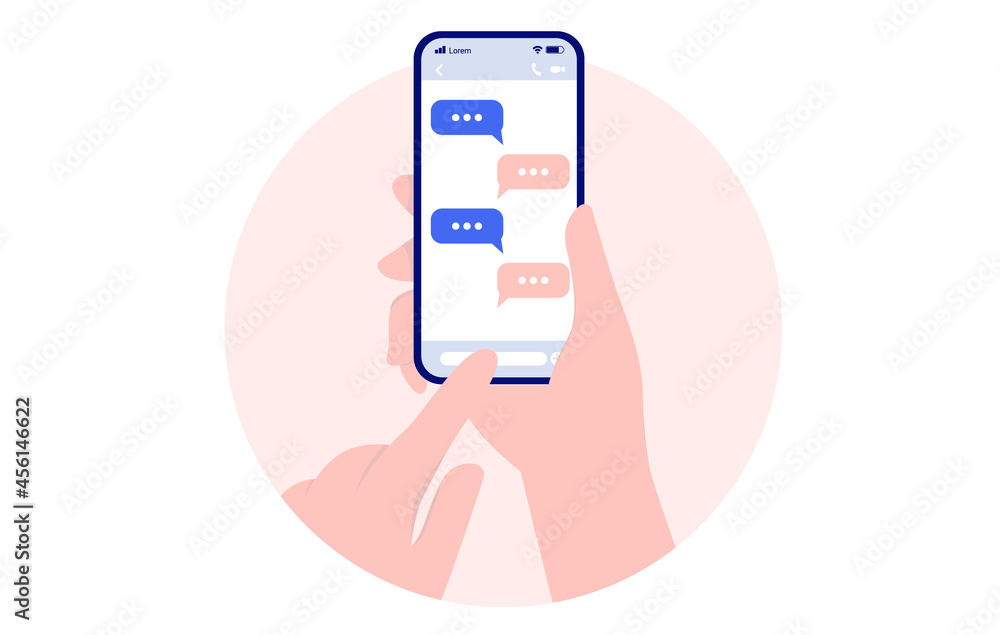 Aufkleber texting on mobile phone - hand holding smartphone and writing text messages on oval frame with white