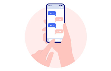 Texting on mobile phone - Hand holding smartphone and writing text messages on oval frame with white background. Vector illustration - Powered by Adobe