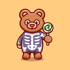 cute bear wearing skeleton halloween costume and carrying lollipop