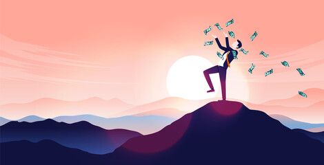 Businessman on mountaintop with money - Man reaching the top and having success, throwing cash in air. Being successful in finance concept. Vector illustration