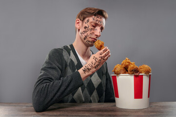 A man looks at a harmful fast food - a chicken leg
