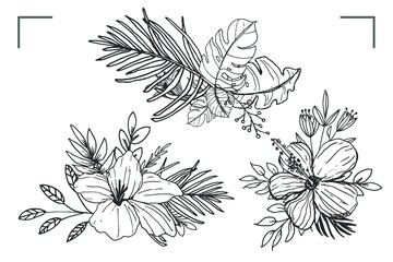 Beautiful line art bouquet of flowers and leaves