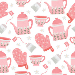 Cute tea set peaches pink seamless pattern for fabric, linen, textiles and wallpaper