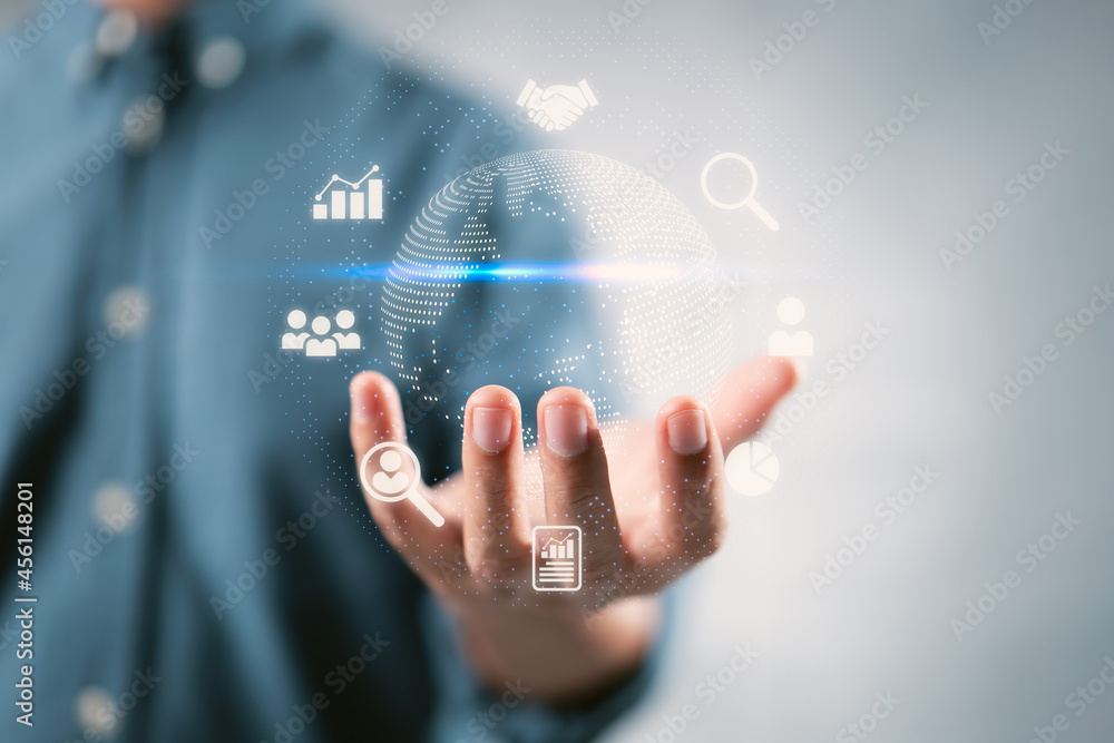 Aufkleber businessman holding global network connection. world map point and line composition concept of globa