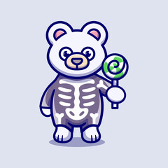 cute polar bear wearing skeleton halloween costume and carrying lollipop