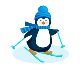 Penguin in a hat and scarfgoes skiing in winter.. Cute penguin on snow is isolated on white background. Childish vector character.