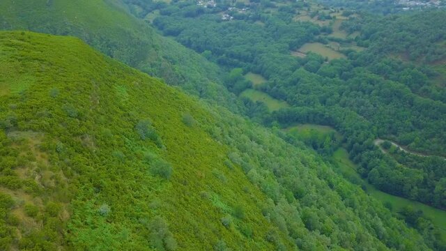 aerial view of the old Roman gold mine "a toca" on the green mountains of Caurel