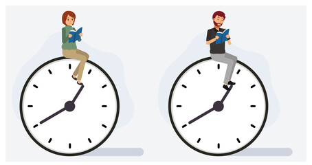 Set of man and woman reading a book on clock. free time concept.Flat vector 2D cartoon character illustration.