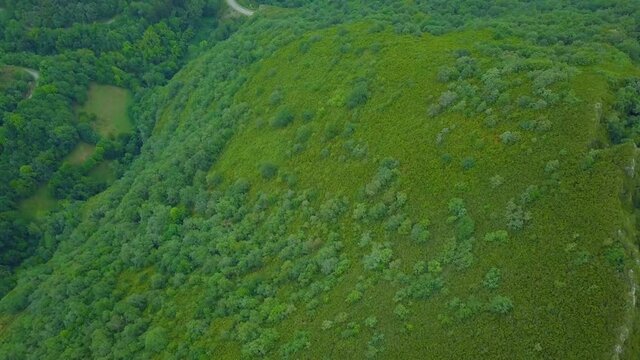 aerial view of the old Roman gold mine "a toca" on the green mountains of Caurel