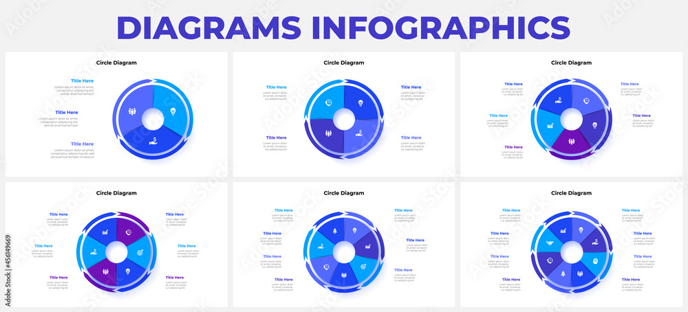 Poster set of cycle diagrams divided into 3, 4, 5, 6, 7 and 8 sectors. infographic design template. busines